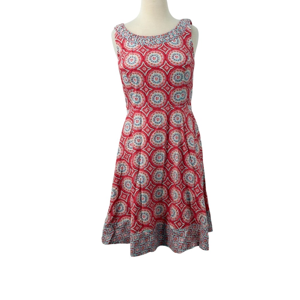 Talbots Petites Womens Sleeveless Red Blue Medallion Print Fit & Flare Dress 6P